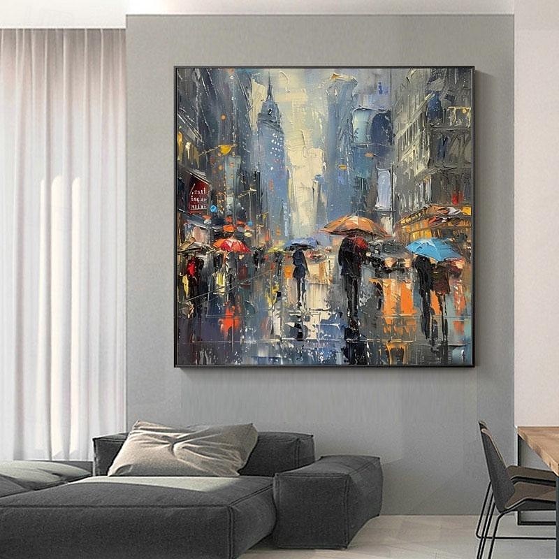 chodec s deštníky v deštivém městě malba olejomalba ručně malovaná deštivé město olejomalba ručně vyráběná panoráma města umění městská malba plátno domácí dekorace natažený rám připravený k zavěšení 2026 - $101.99 –P3