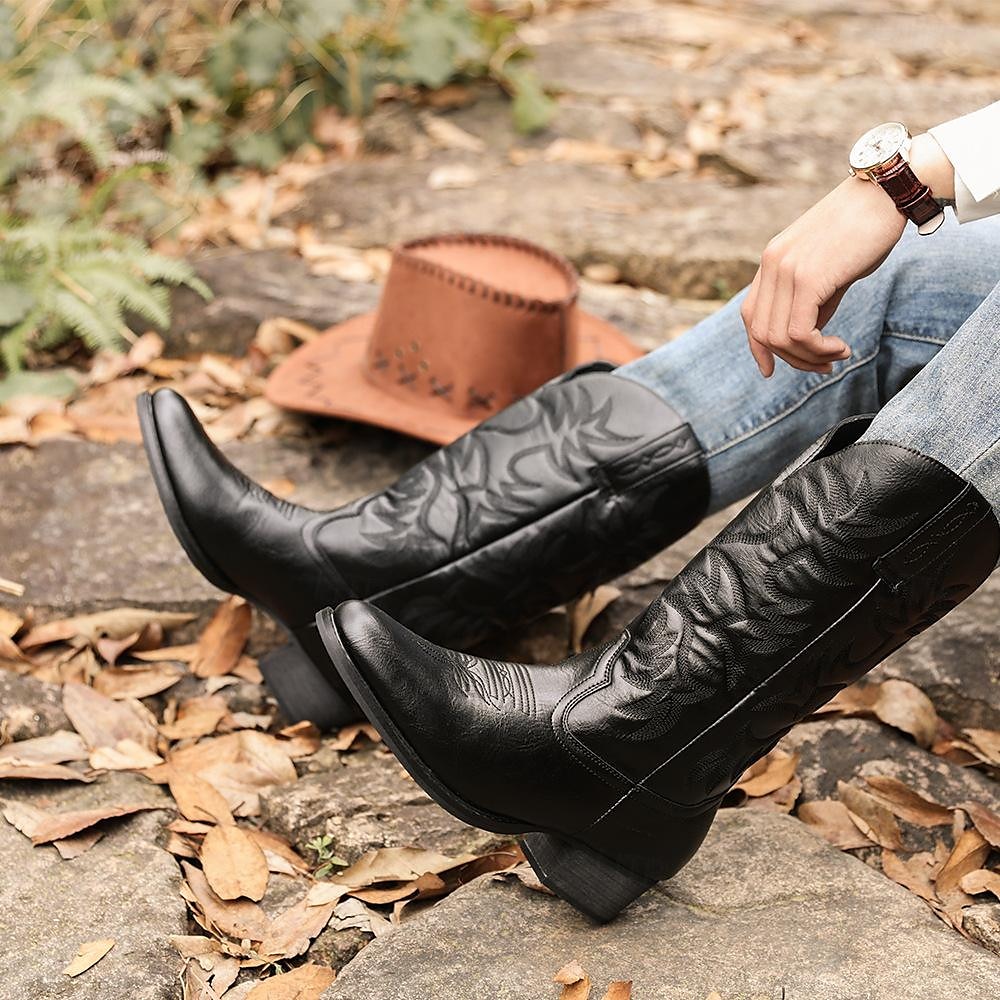 Férfi Csizmák Western csizma Szüret Klasszikus Szabadtéri PU Hosszú szárú csizmák Fekete Barna Tél 2025 - $59.99 –P3
