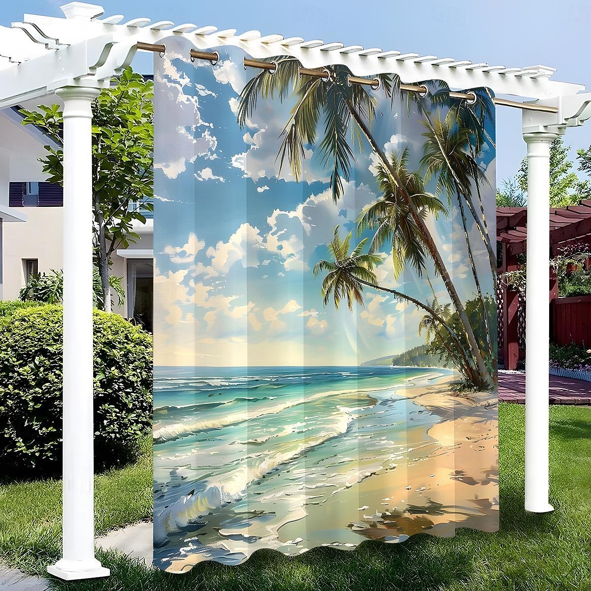 Wasserdichter Outdoor Vorhang Sichtschutzvorhang für den Außenbereich, Schiebevorhänge für die Terrasse, Pergola mit Ösen, Strand-Palmen-Landschaft für Pavillon, Balkon, Veranda, Party, 1 Panel 2025 - $37.99 –P13