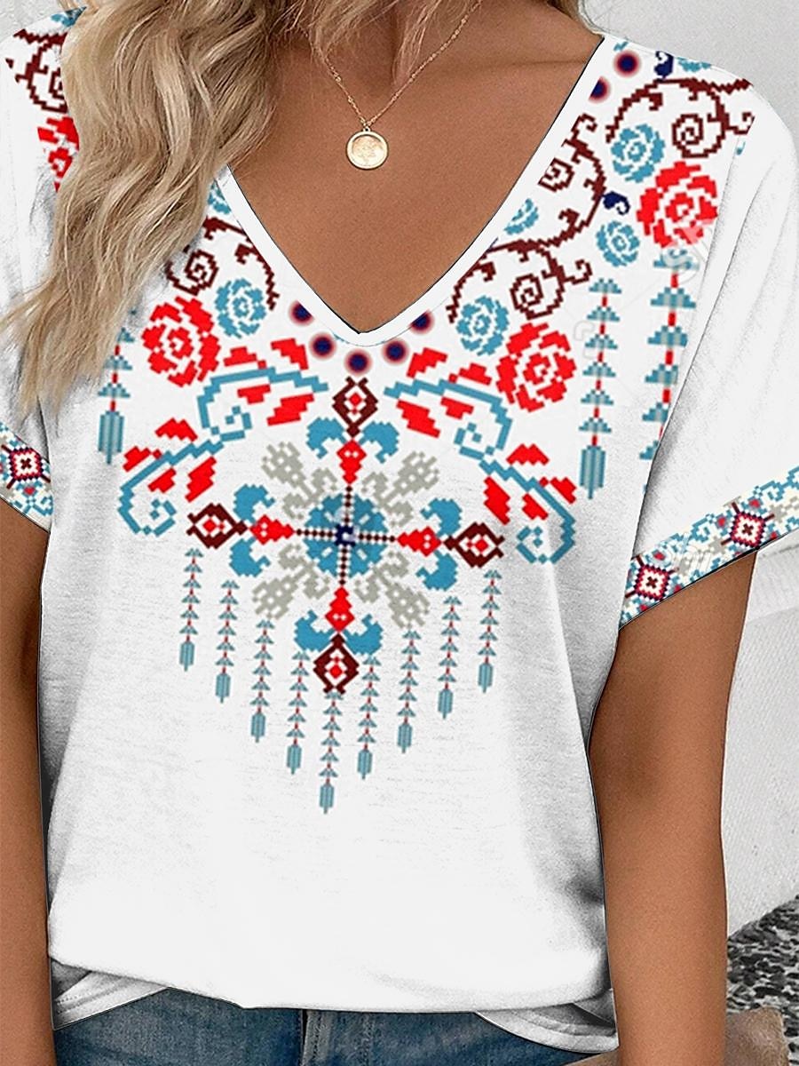 kvinners t-skjorte boho kortermet vanlige topper v-hals daglig hvit sommer 2025 - $19.99 –P3