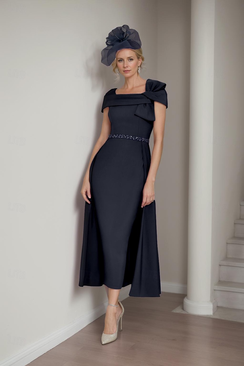 Sheath Brautmutter Kleid Elegantes Quadrat-Ausschnitt Tee-Länge Stretch-Stoff Kurzarm mit Schleife(n) Tier Einfarbig Rennsport Kleid kostenlose Maßanfertigung 2025 - $176.99 –P5