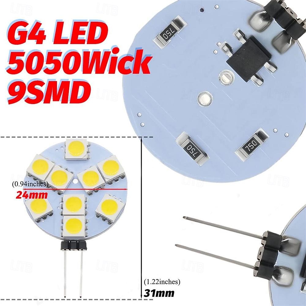 1.5w g4 led bi-pin lampen gelijk aan 15w halogeenlamp dc 12v dimbaar 9 leds 5050 smd 180 graden stralingshoek g4 bi-pin basis plafond verzonken puck gloeilamp 10 stuks 2026 - $23.99 –P2