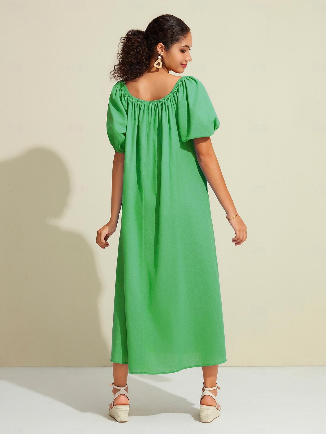 kvinners maxikjole i bomull fritidsklær feriekjole grønn løs passform off-shoulder puffermer en linje sommerkjole 2025 - $52.99 –P3