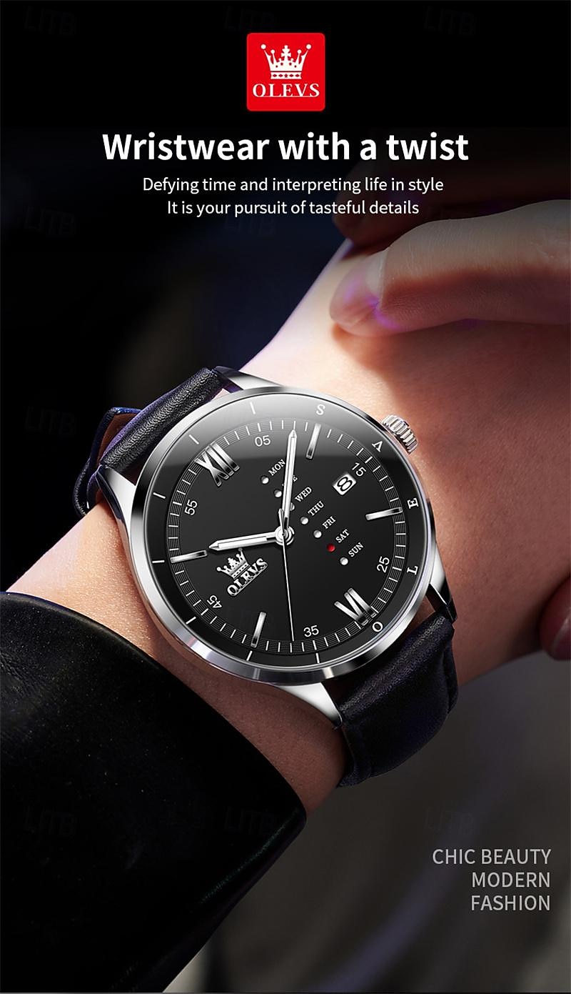 OLEVS Men's Luxury Watch Business Fashion Quartz Wristwatch Waterproof Leather Strap Blue Sunray Dial with Unique Day Date Display Luminous Hands Roman Numerals Dress Watch for Male Gift 2026 - $31.99 –P18
