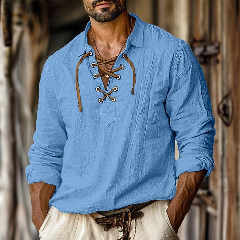 Men's Shirt Linen Shirt Viking Style Pirate Shirt Summer Shirt Beach Wear White Orange Green Light Blue Long Sleeve Solid Color Collarless Street Daily Clothing Apparel 2025 - $26.99 –P7