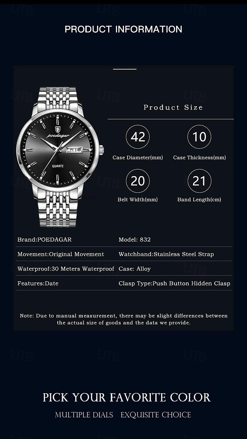 POEDAGAR Men Quartz Watch Minimalist Large Dial Fashion Business Luminous Calendar Date Week Waterproof Steel Watch 2025 - $21.99 –P8