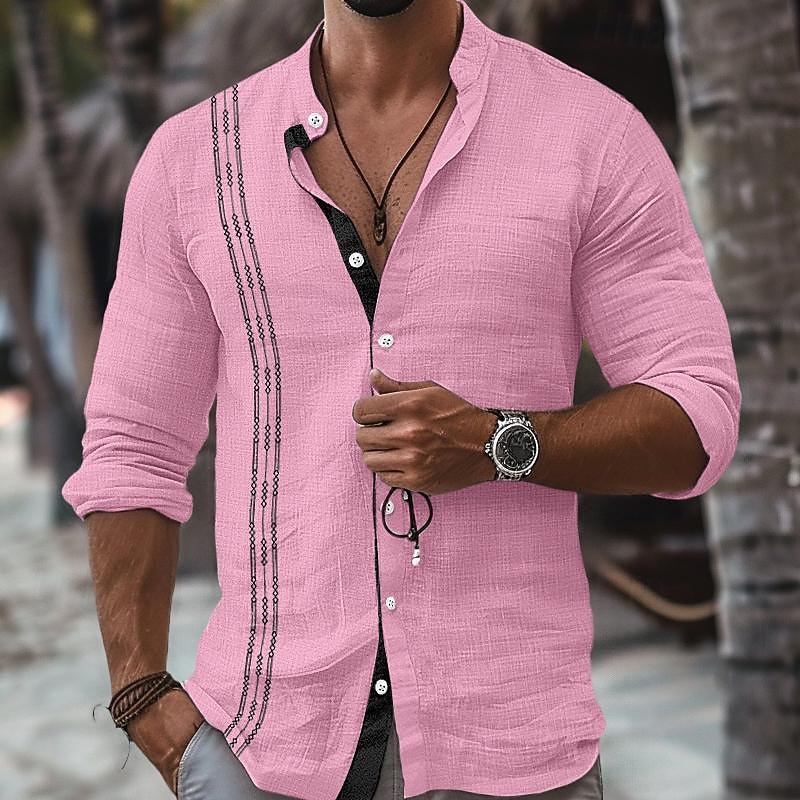 Hombre Camisa camisa de lino Camisa Guayabera Camisa con cuello mao Camisa de verano Ropa de playa Vacaciones Maldición Negro Blanco Rosa Azul Piscina Manga Larga Cuello Mao Primavera verano Ropa 2025 - $25.99 –P5