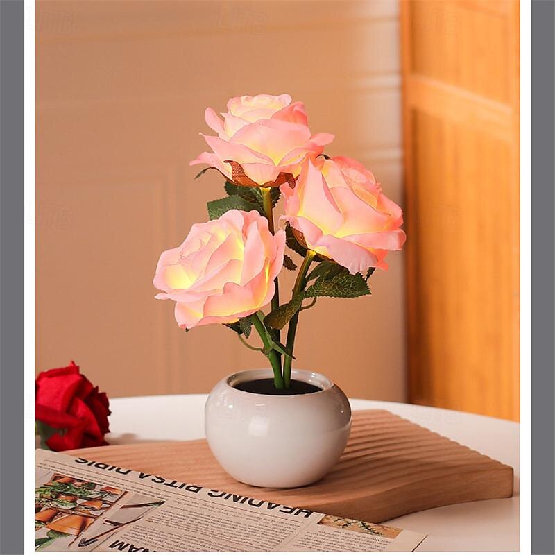 Valentines Flowers Table Lamp, LED 3D Rose Night Light Table Lights Simulation Flower with Vase Table Lamp Ornaments for Home Living Bedroom Decoration Lamp 1pc 2025 - $37.99 –P10