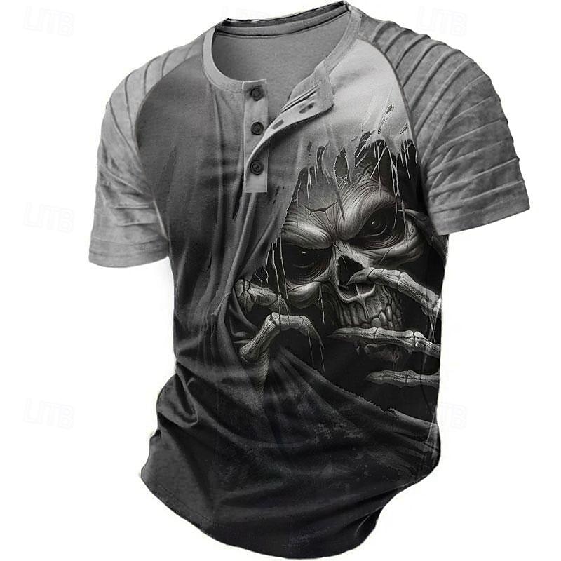2025年 男性用 暗い Tシャツ 半袖 3Dプリント レトリ/ヴィンテージ ゴシック パーティー ストリート 夏 春 ブラック グレー ヘンリーカラー ヘンリーTシャツ コレクション – $22.99 –P1