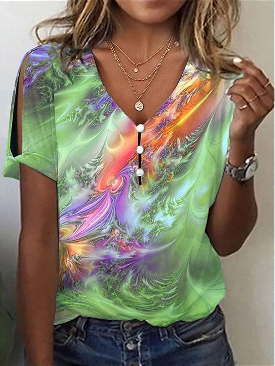 Per donna maglietta Colorato a macchie Di tendenza Moderno Manica corta A V Top regolari Giornaliero Bottoni Stampa Rosso Blu Viola Verde Estate del 2025 a $21.99 –P4