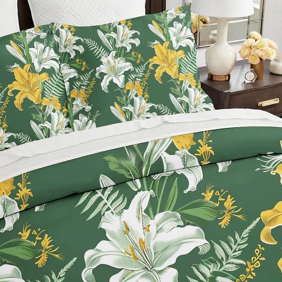 Conjunto de edredom de 3 peças com estampa de lírio branco, para quarto de hotel, quarto de hóspedes, conjunto confortável, 1 capa de edredom, 2 fronhas de 2025 por $60.99 –P6