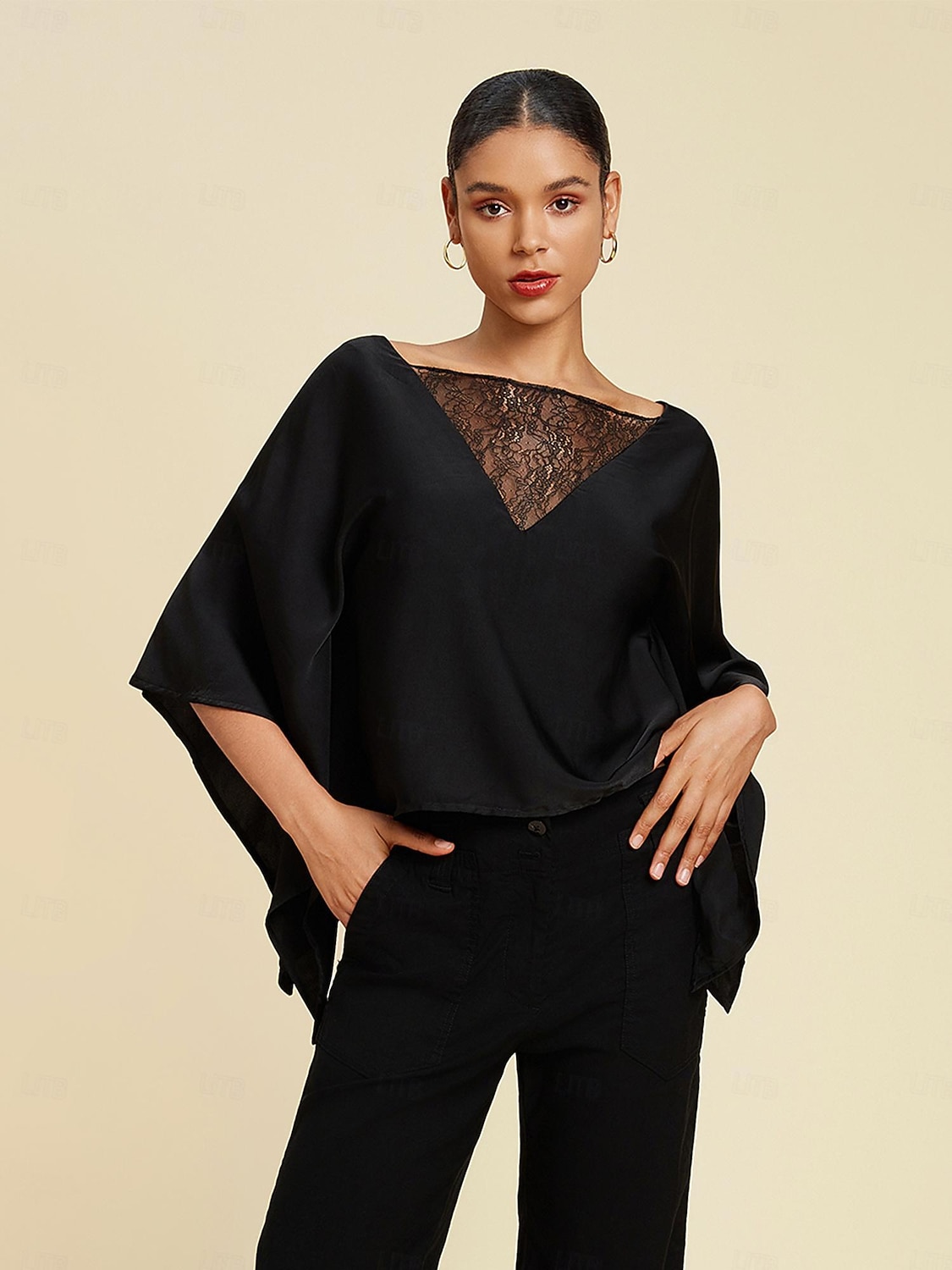 Dam Summer Tops Enfärgad / vanlig färg Ledigt / vardag Helgen Fladdermusärm Svart Spets Dolman Ledigt vardag Båthals Sommar 2026 - $67.99 –P1