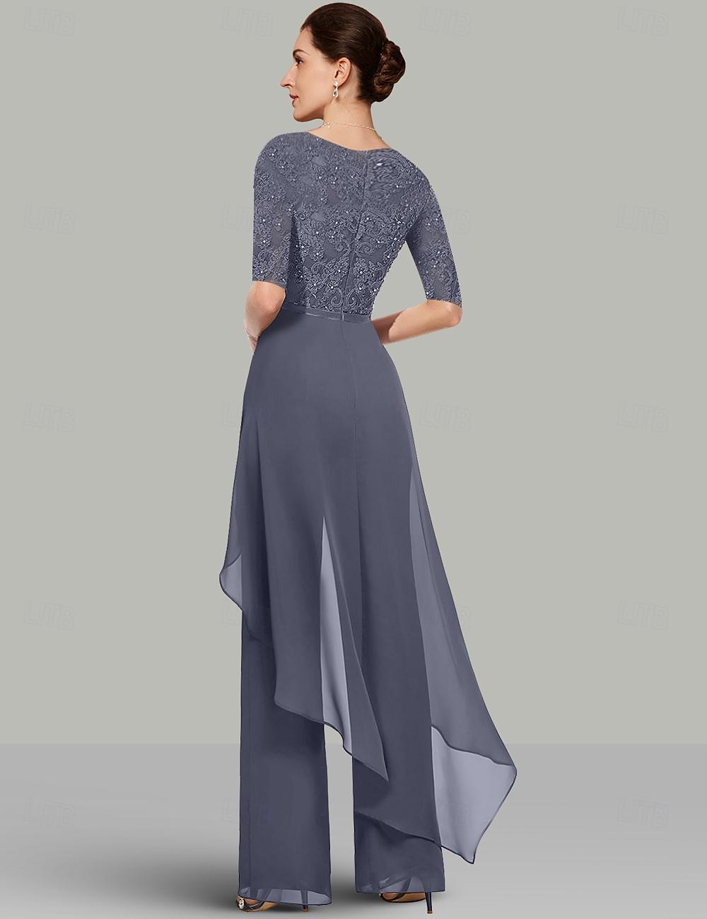 Két Részből Álló Jumpsuit  Nadrágruha Menyasszony Anyjának Menyegzői Vendég Elegáns Ékszer Nyakú Padló Hosszú Chiffon Csipke Félujjú Csipke Rózsa ingyenes egyedi méret 2025 - $182.99 –P2