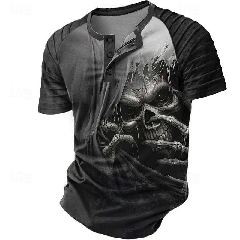 2025年 男性用 暗い Tシャツ 半袖 3Dプリント レトリ/ヴィンテージ ゴシック パーティー ストリート 夏 春 ブラック グレー ヘンリーカラー ヘンリーTシャツ コレクション – $22.99 –P4