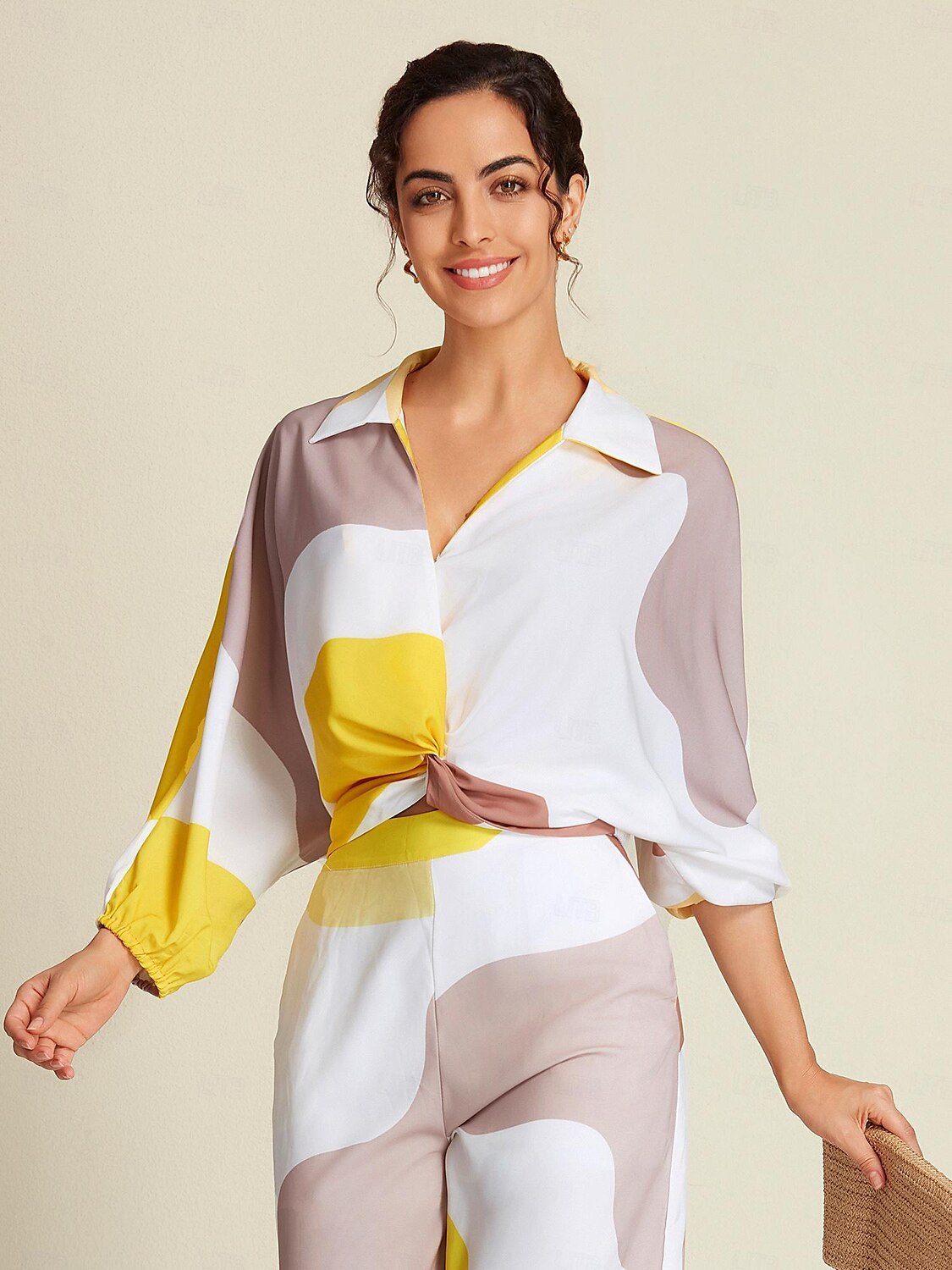 Satin Contrast Knot Front Balloon Sleeve Shirt 2025 - $41.99 –P4