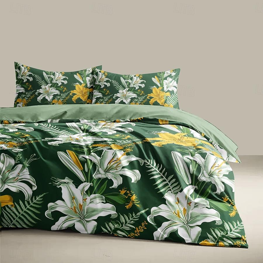 Conjunto de edredom de 3 peças com estampa de lírio branco, para quarto de hotel, quarto de hóspedes, conjunto confortável, 1 capa de edredom, 2 fronhas de 2025 por $60.99 –P10