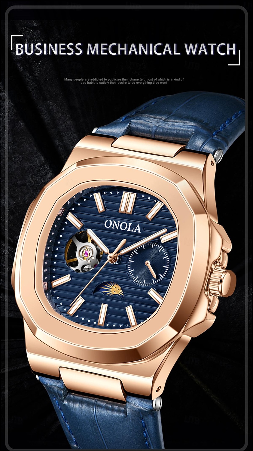 Montre Automatique Homme Mécanique Avec Phase De Lune - Cuir étanche - Cadran Romain - Neuf étiqueté