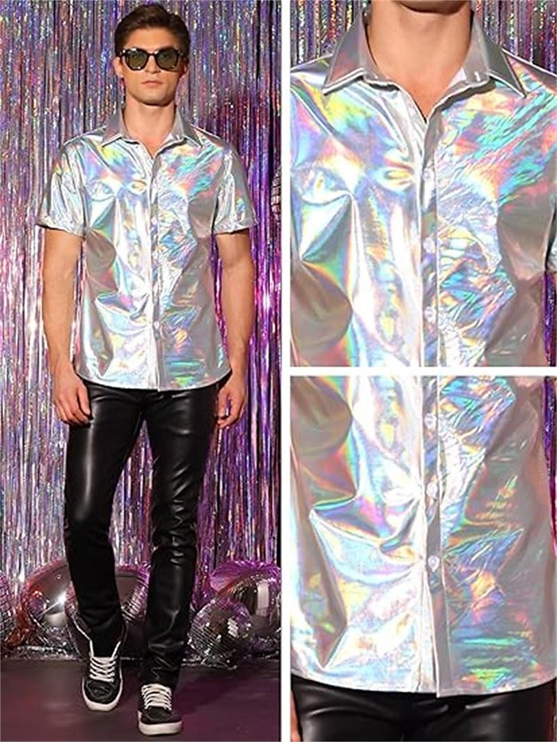 Metallisch 1980er Glänzendes Latex-Patent Hemd Disco Herren Karnevalskostüm Halloween Karneval Maskerade Party / Abend Pride Parade Pride-Monat Erwachsene Hemd 2025 - $24.99 –P1