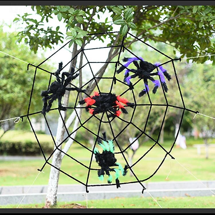 ragnatela di halloween + decorazioni ragno ragno finto con enorme ragnatela triangolare per decorazioni di halloween per interni ed esterni cortile costumi per la casa feste decorazioni per la casa del 2025 a $22.99 –P2