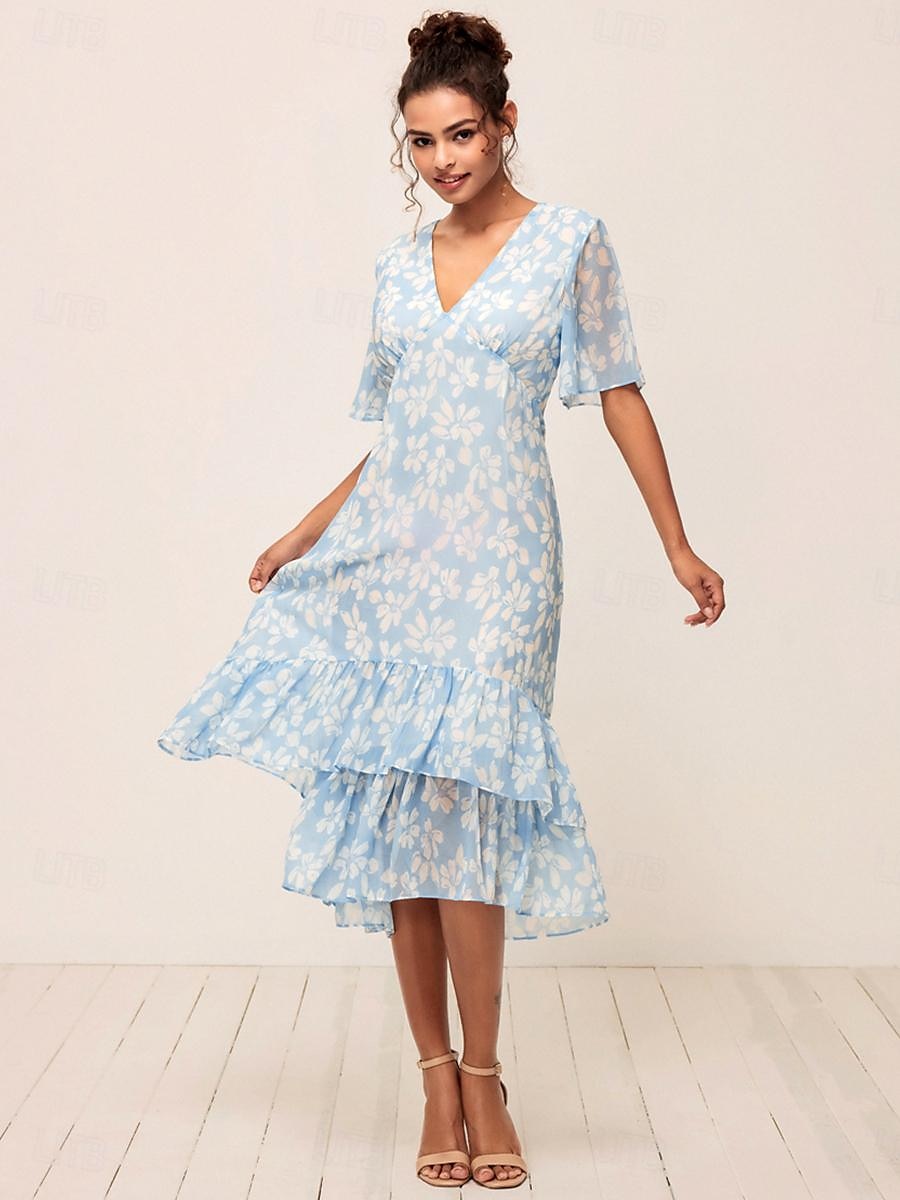 Per donna Abito Midi Abito a trapezio Abito a strati Elegante Manica Svasata Vacanza Quotidiano Vestibilità comoda Floreale Mezza Manica Scollo a V Azzurro Estate del 2025 a $55.99 –P3