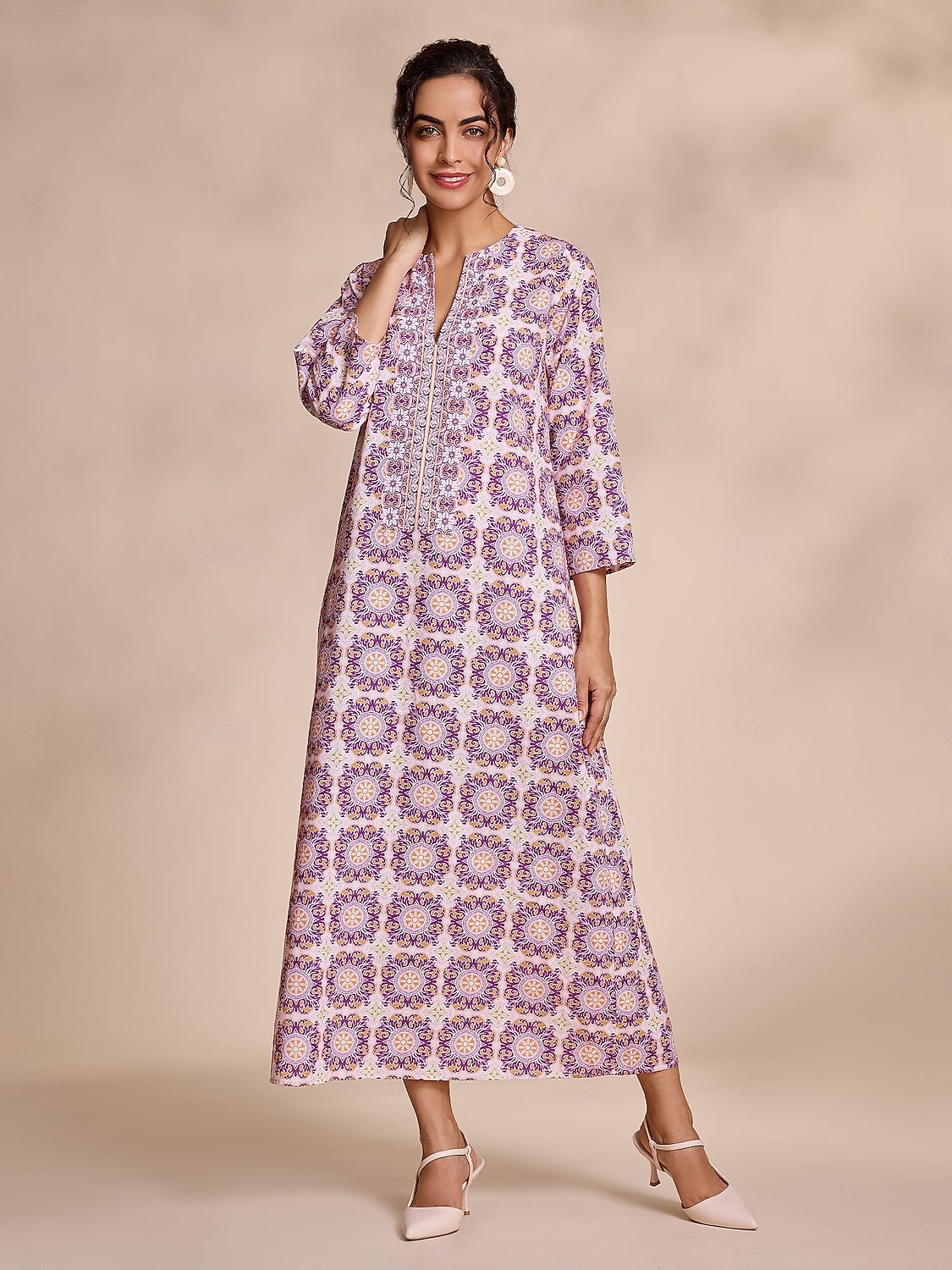 robe longue ethnique à col cranté et fleurs de 2025 ? $52.99 –P1