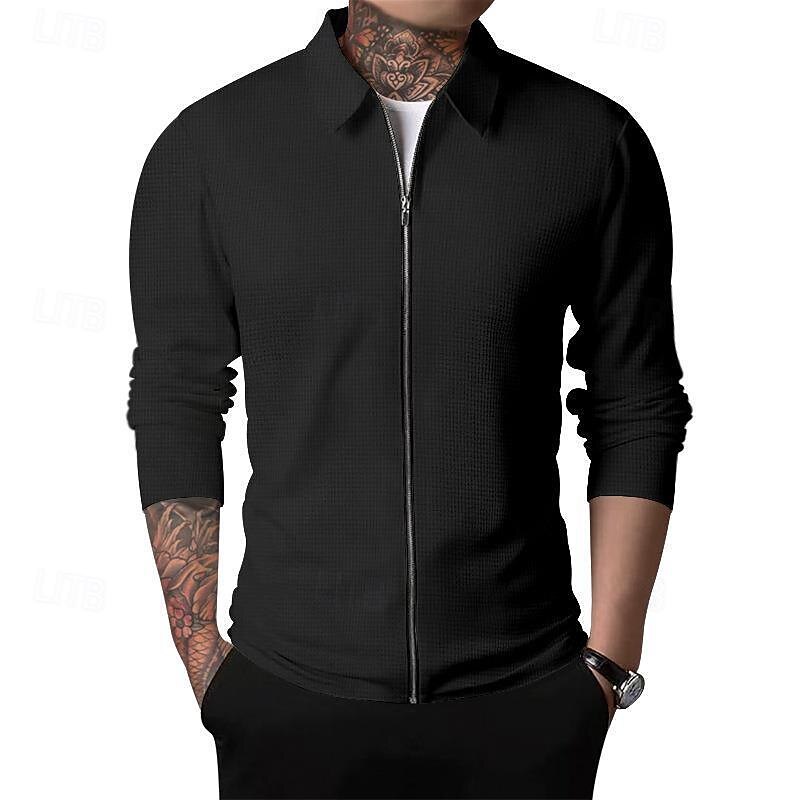 Men's Shirt Jacket Transition Jacket Daily Breathable Pocket All Seasons Plain Classic Lapel Regular Waffle Fabric Black White Royal Blue Khaki Light Grey Jacket 2025 - $27.99 –P6