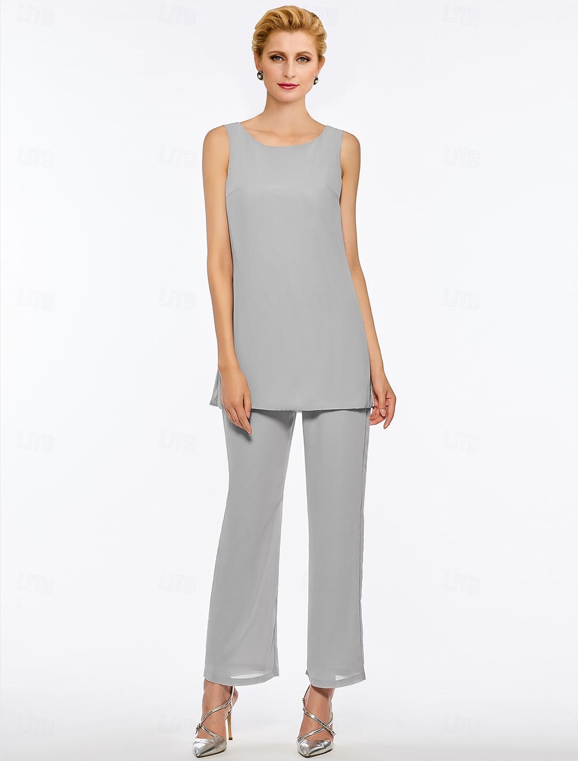Strand Bröllop Byxdress Byxdress 3 Delar Mor till Bruden Bröllop Gäst Elegant Rundad Hals Golvlängd Chiffon Spets Ärmlös Wrap Inkluderad med Pärla 2025 gratis anpassad storlek 2025 - $179.99 –P3