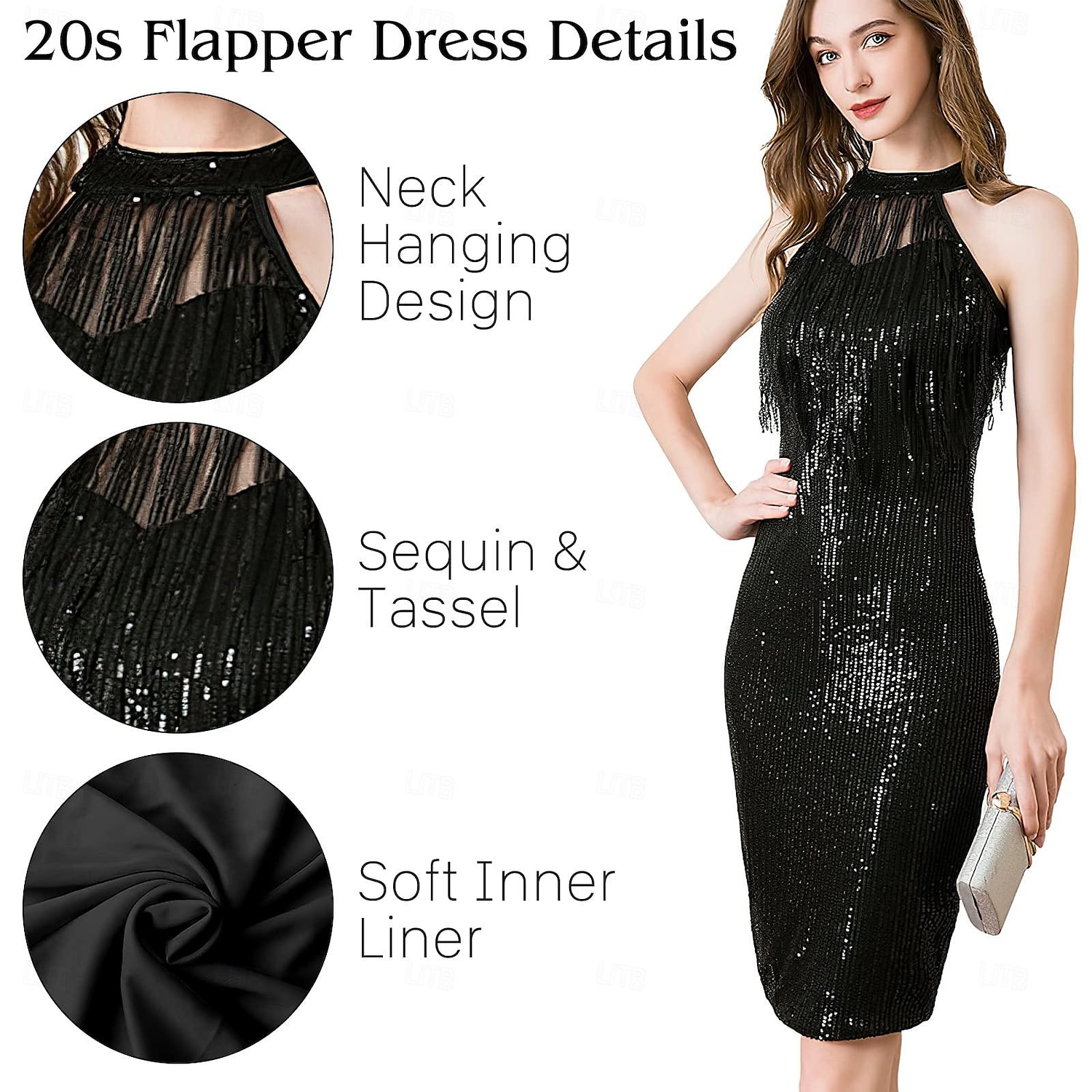 Goldene Zwanziger 1920er Knielang Kleid Flapper Kleid Outfits Ärmellos Der große Gatsby Charleston Hochzeitsgast Pailletten Quastenfransen Feder Neckholder Kostüm Damen Neujahr Maskerade 2026 - $77.99 –P4