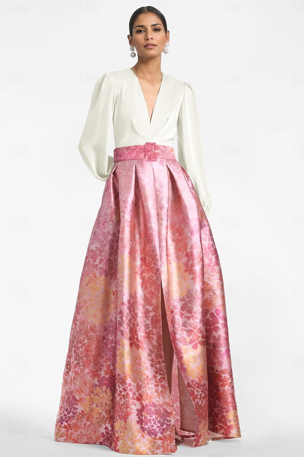 A-Line Evening Gown High Split Dress Formal Wedding Guest Floor Length Long Sleeve V Neck Belt / Sash Satin with Floral Print Slit Wedding Guest Dress 2025 - $179.99 –P3