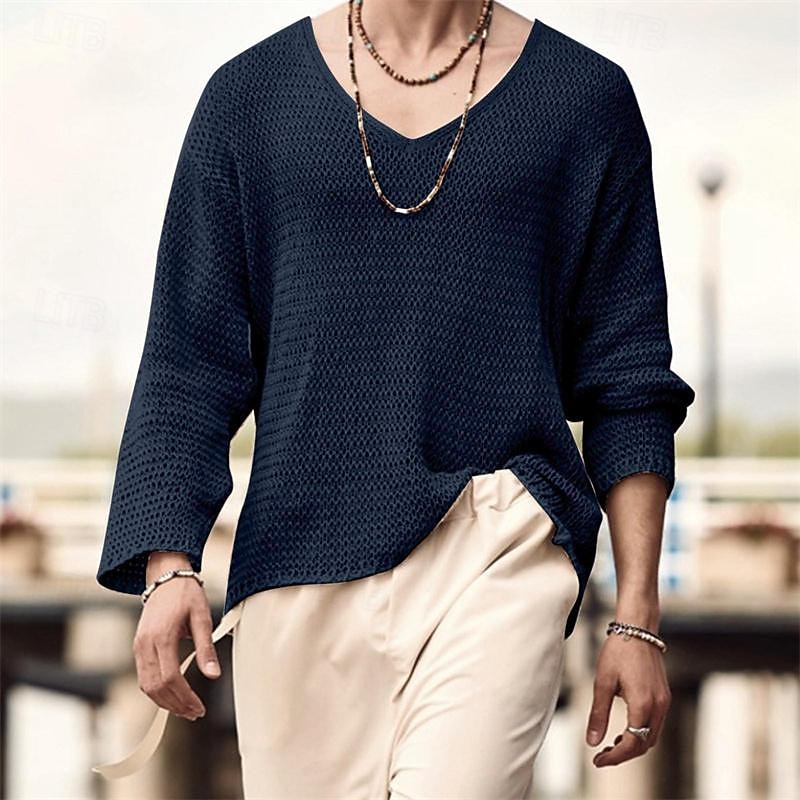 Per uomo Maglietta Maglietta a Maglia Camicia a Maniche Lunghe Manica Lunga Scollo a V Primavera & Autunno Semplice Moda Designer Essenziale Lavoro a maglia Vacanza Streetwear Uscire Nero Blu marino del 2025 a $21.99 –P7
