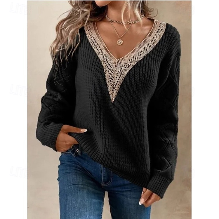 Pentru femei Pulover pulover Elegant Culoare solidă Striat În V Dantelă Manșon Lung Topuri obișnuite Tricotat Zilnic Negru Alb Primăvară Toamnă 2025 - $41.99 –P6