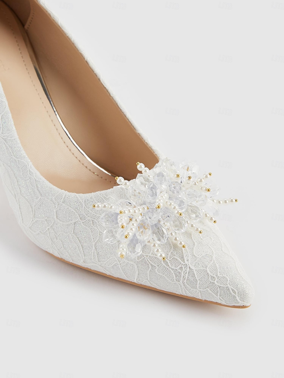 kvinners elegante hvite blonder høyhælte pumps med perler av blomsterapplikasjoner for bryllup og formelle arrangementer 2025 - $59.99 –P5
