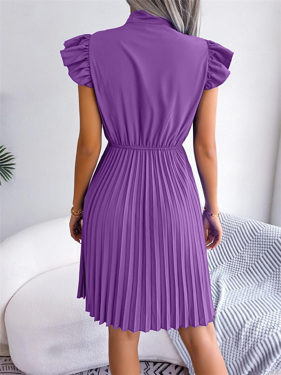 Dames Zwarte jurk Mini-jurk Chiffon Veters Ruche Afspraakje Vakantie Streetwear Basic Opstaand Mouwloos Zwart Wijn Paars Kleur 2025 - $26.99 -P7