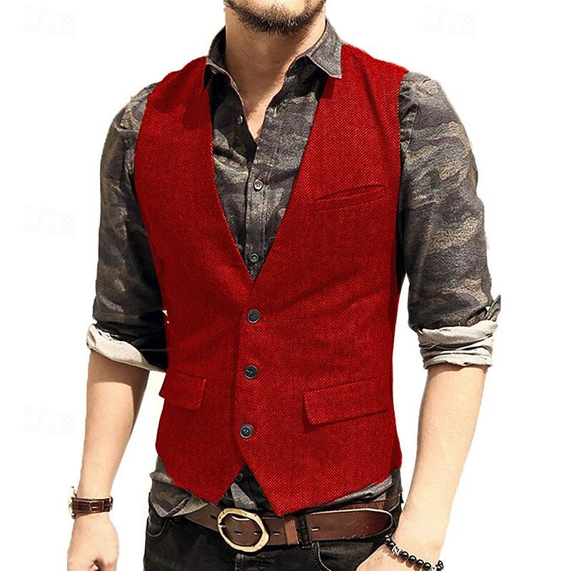 Voor heren Vest Bruiloft Evenement / Feest Dagelijks Modieus Zakelijk Lente zomer nappi Zak Polyester Comfortabel Effen Kleur Enkele knoopsluiting één knoop V-hals Normale pasvorm Zilver Donker Bruin 2025 - $38.99 –P9