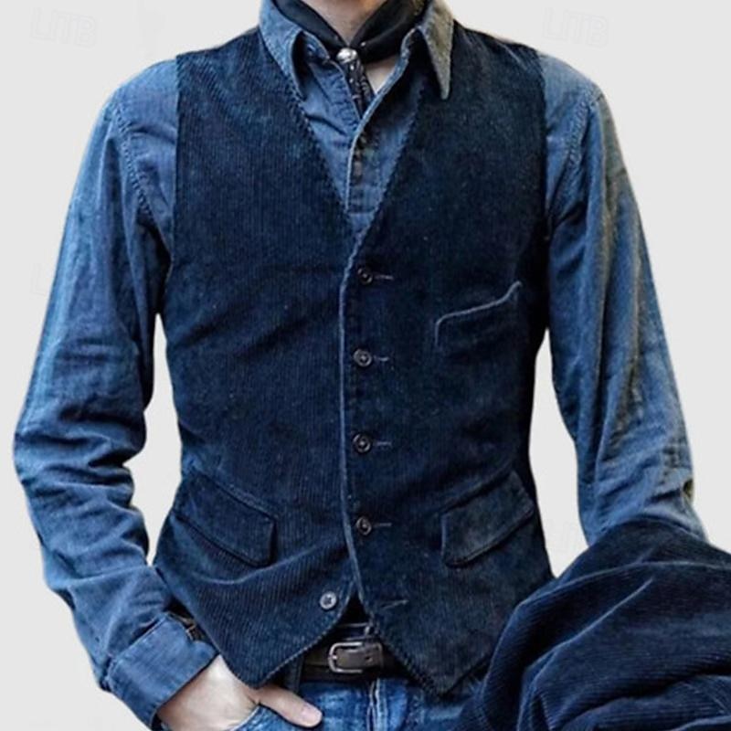 Per uomo Gilet Da mare Giornaliero Vintage Di tendenza Primavera & Autunno Bottoni Tasche decorative Poliestere Velluto a coste Comodo Liscio Monopetto - 1 bottone A V Standard Nero Blu Marrone Verde del 2025 a $37.99 –P1