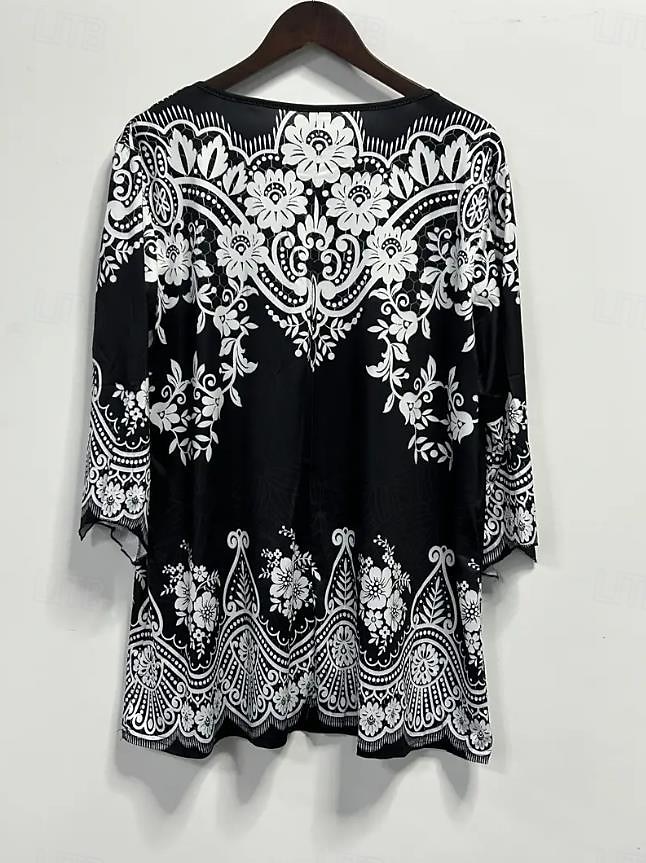 Kvinners Tunika T Skjorte Grafisk Elegant Retro 3/4 Lengde Ermer Notched Hals Vanlige Topper Daglig Utgående Volang Knapper Svart Vår Høst 2025 - $24.99 –P2