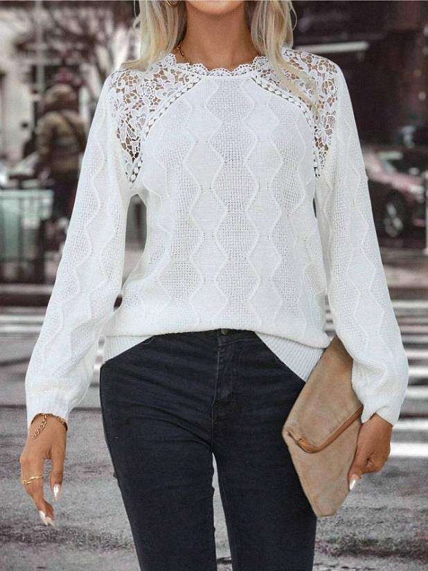 Women's Sweater Elegant Solid Color Waffle Crew Neck Lace Long Sleeve Regular Tops Knit Daily White Spring Fall 2025 - $54.99 –P1