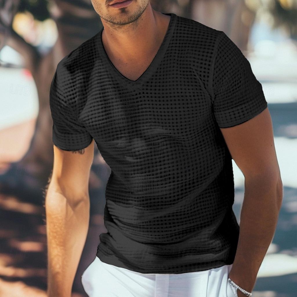 Herre Vaffel Henley-skjorte T-skjorte Kortermet V-hals Sommer Helfarge Mote Designer Bekvem Knapper utendørs Avslappet Daglig Hvit Kakifarget Topp T-skjorte for menn 2025 - $17.99 –P4