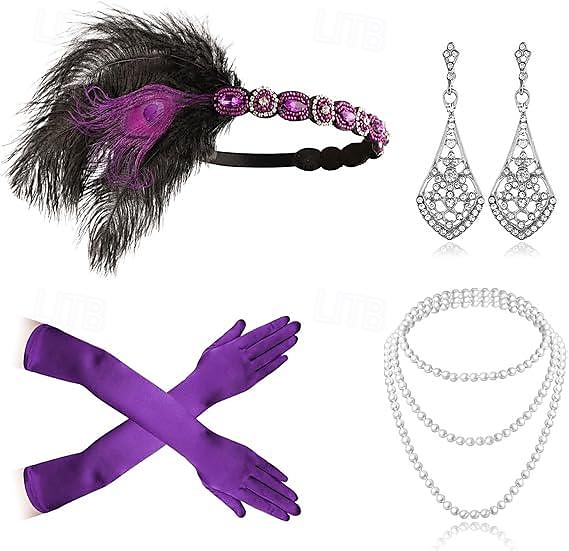Szüret 1920-as évek A nagy Gatsby Flapper fejpánt Kiegészítő készlet Charleston Esküvői Vendég Toll Divat Női Álarcos mulatság Esküvői fogadás Lánybúcsú Fesztivál Felnőttek Kesztyűk Fülbevalók 2025 - $22.99 –P1