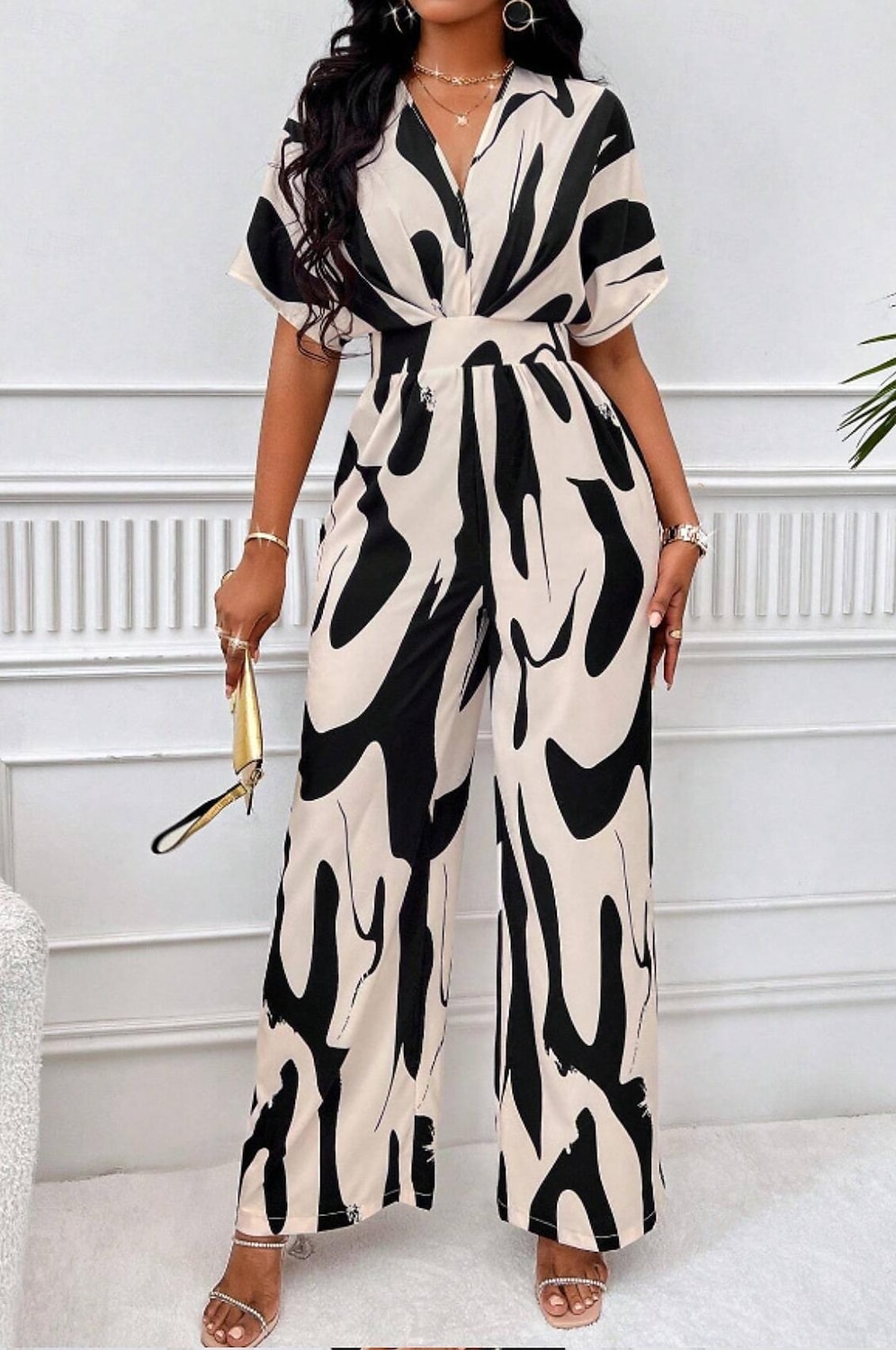 Per donna Normale Tuta Elegante Color Block Manica corta A farfalla A V Stampa Ufficio Giornaliero Standard Bianco Arancione Marrone Estate del 2025 a $31.99 –P4