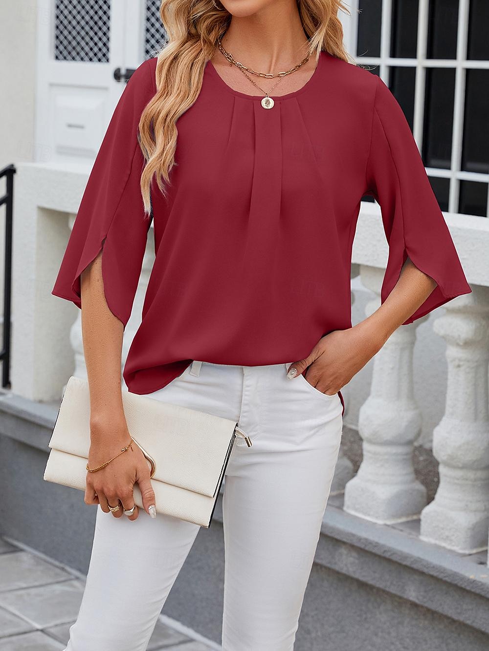 Shirt Blouse Women's White Pink Wine Plain Sexy Street Daily Fashion Round Neck Regular Fit S 2025 - $29.99 –P13