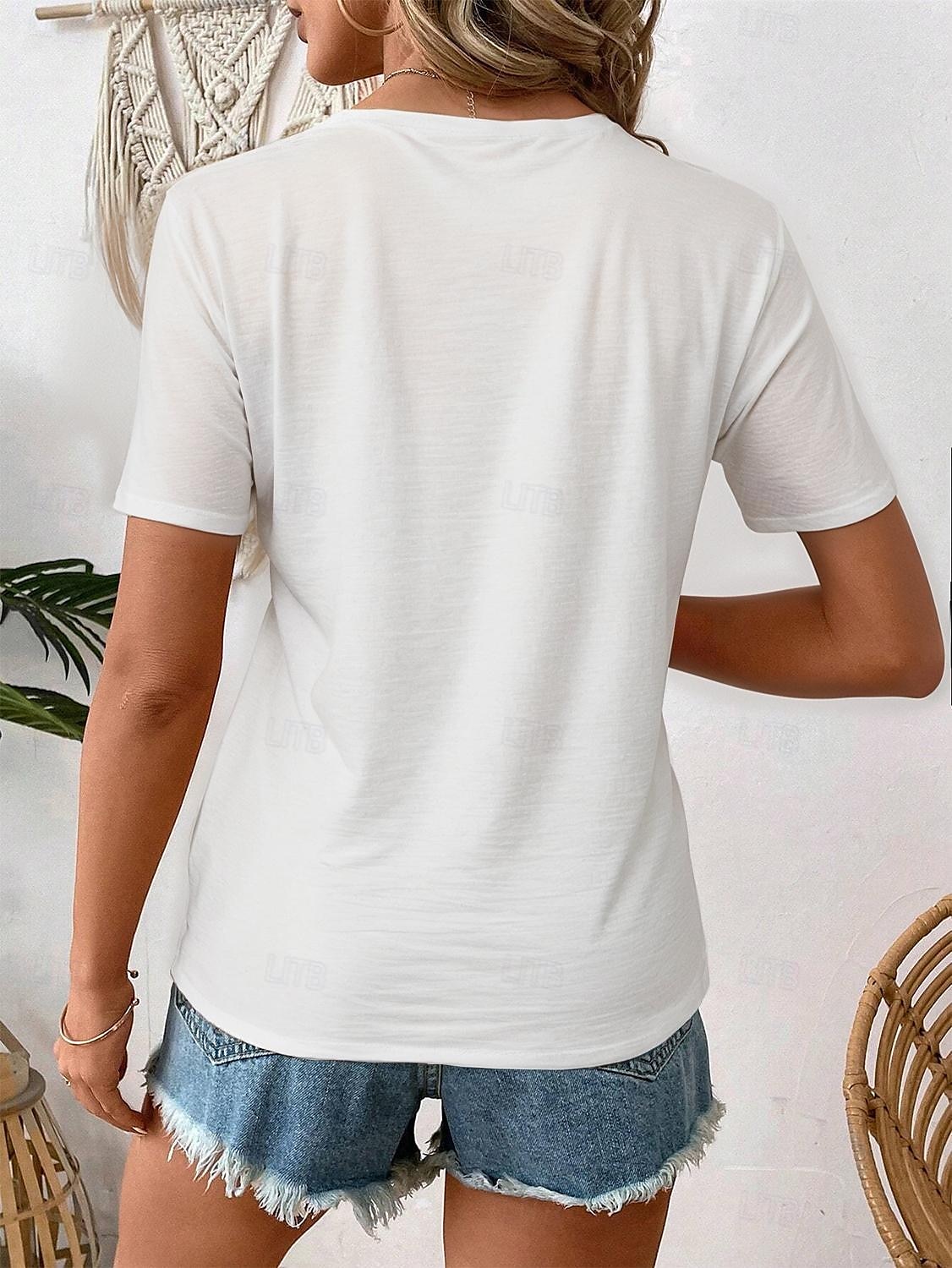 dam t-shirt ledigt blommönster kortärmad vanliga toppar v-ringad daglig vit sommar 2025 - $19.99 –P2