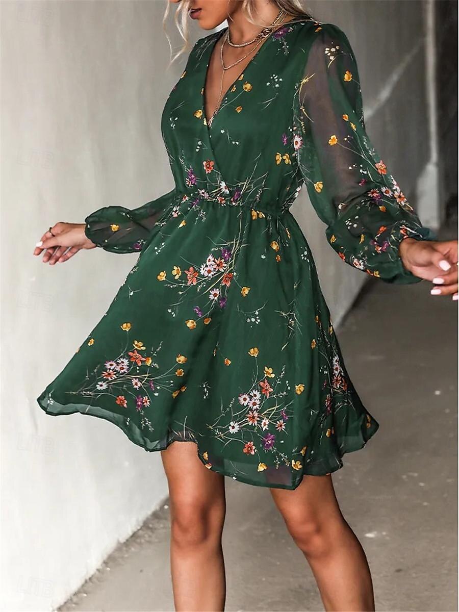 Damen Freizeitkleid formelles Kleid Blumendruck V-Ausschnitt Minikleid stilvoll lässig täglich Date Langarm Sommer 2025 - $33.99 –P3