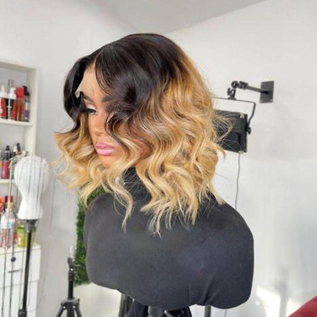 Cabelo virgem não processado 13x4 Lace Front Peruca Bob curto Cabelo Brasileiro Ondulado Multi Cores Peruca 130% 150% Densidade do Cabelo Cabelo Ombre Riscas Naturais 100% Virgem Sem cola Pré-depenado de 2025 por $213.19 –P3