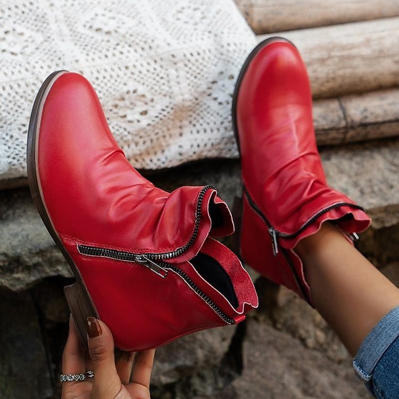 stylische rote Stiefeletten für Damen - lässige Stiefeletten aus Kunstleder mit Reißverschluss für den Alltag 2025 - $29.99 –P3