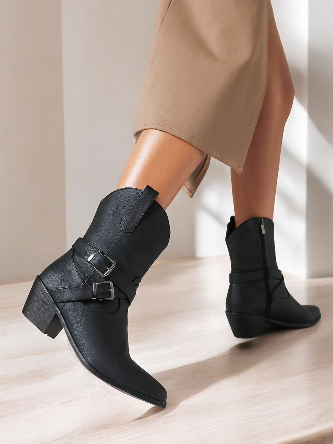 női fekete western boka cowboy csizma csatos részletekkel divatos és hétköznapi viselethez 2025 - $54.99 –P1