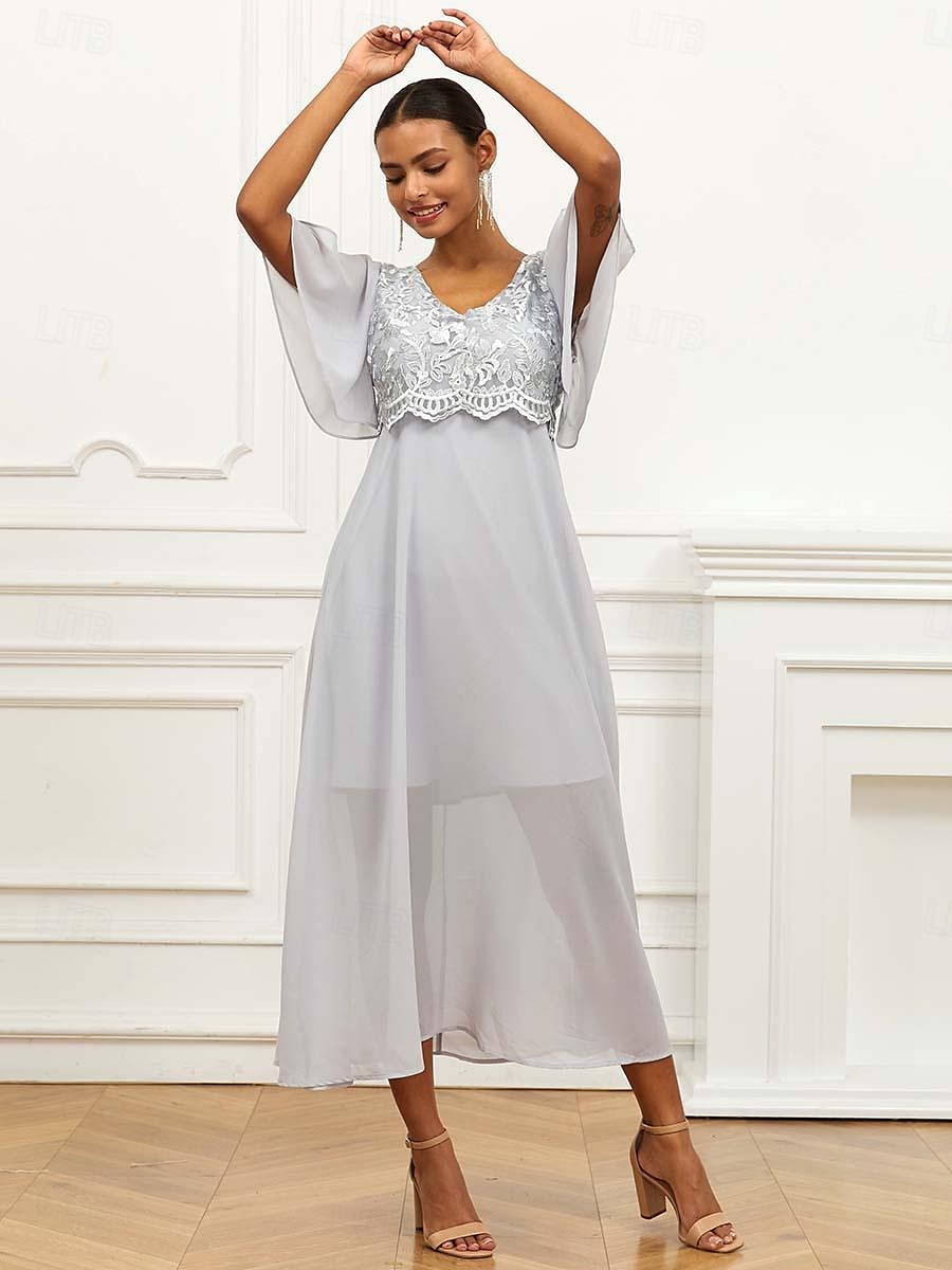 Per donna Abito linea A Poliestere Pizzo Con balze A V Manica a balza Manica corta Vestito maxi Invitati del matrimonio Cocktail party Elegante Da cerimonia Grigio Estate del 2025 a $49.99 –P7