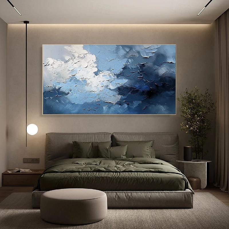 3d oljemaleri håndmalt tykk tekstur himmelblad oljemaleri beige blå skyline maleri på lerret abstrakt teksturert oljemaleri for veggkunst stue 2025 - $69.99 –P1