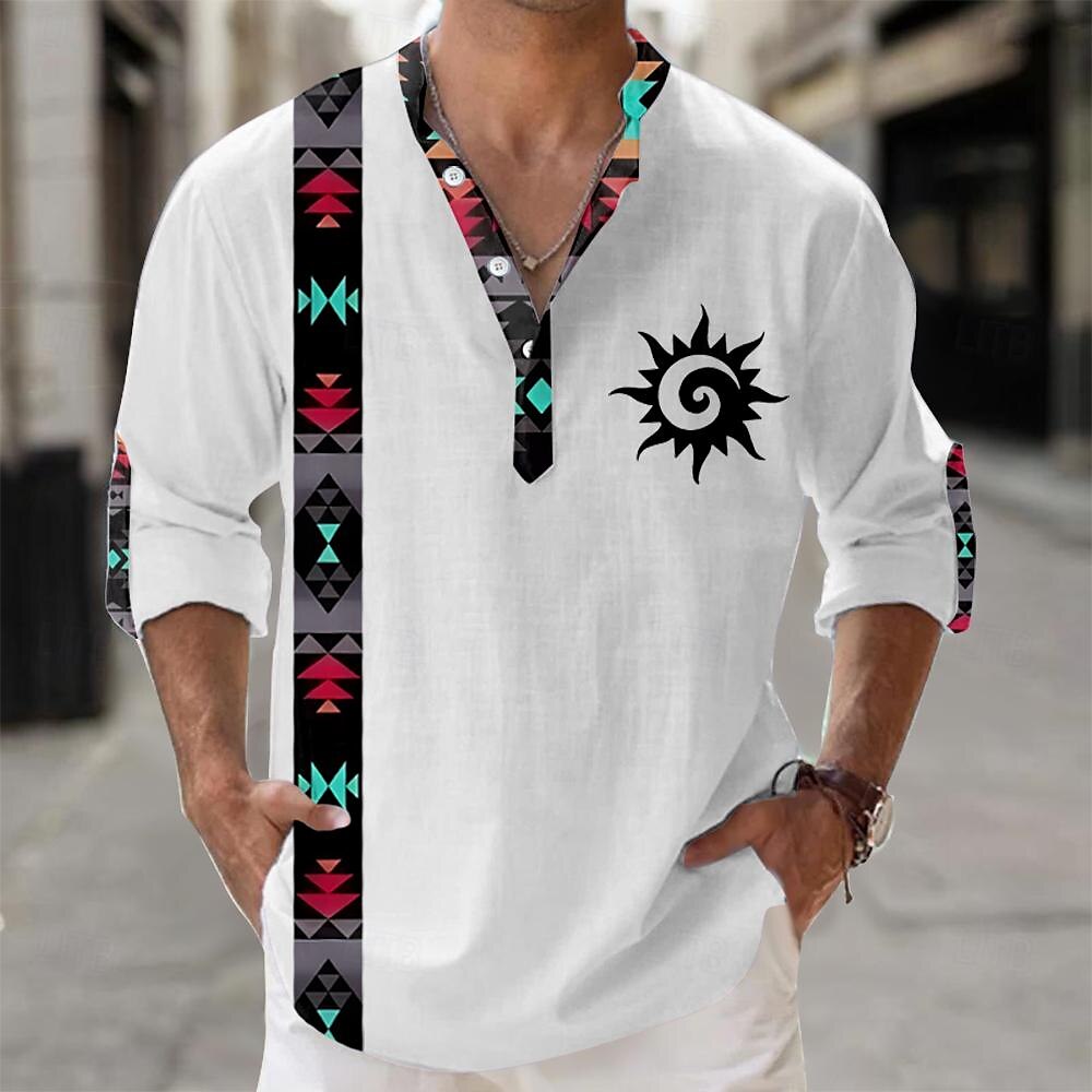 Men's Shirt Button Up Shirt Long Sleeve Tribal Fashion Casual Vacation Causal Casual Summer Spring & Fall Stand Collar Buttons Print White Yellow Blue Gray 2025 - $24.99 –P1