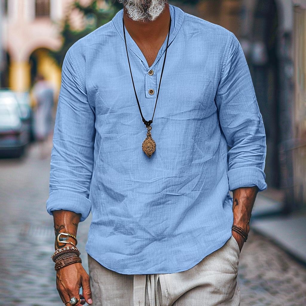 Per uomo Camicia camicia di lino Camicia popover Camicia estiva Camicia da spiaggia Liscio Informale Giornaliero Nero Blu Cachi Manica lunga A fascia Primavera estate Abbigliamento del 2025 a $25.99 –P3